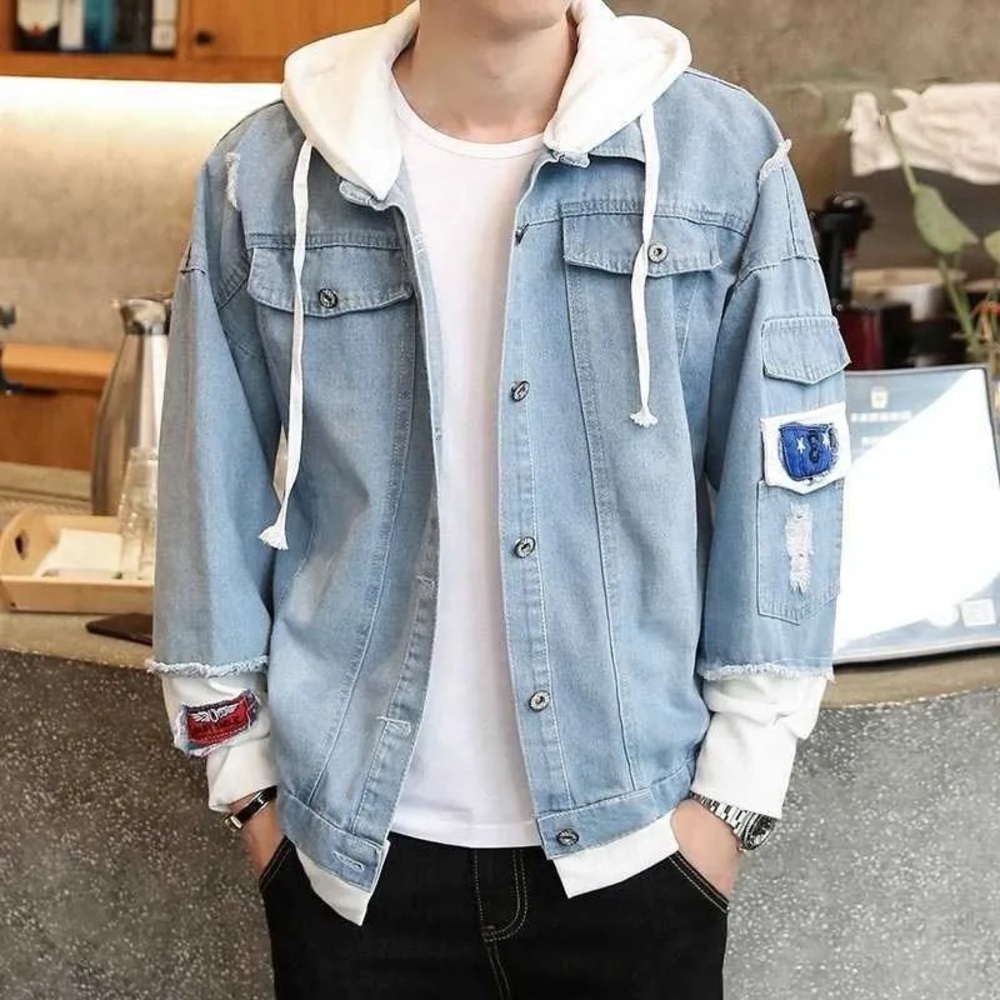 Men's Light Blue Denim Jacket with White Hoodie